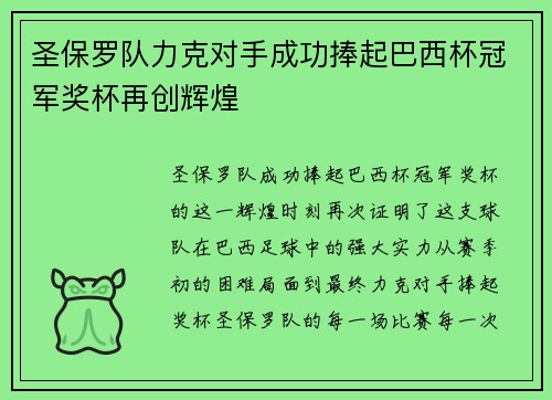 圣保罗队力克对手成功捧起巴西杯冠军奖杯再创辉煌
